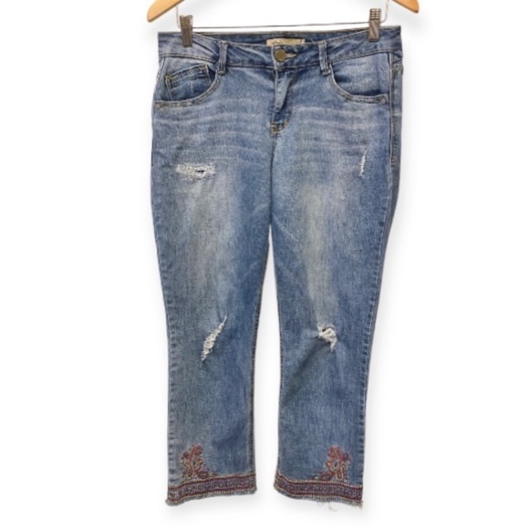 Democracy 6 Slim Straight Flood Jeans Frayed Hem Paisley Embroidered Mid Rise - Picture 2 of 13